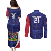 Namibia Cricket Custom Couples Matching Puletasi and Long Sleeve Button Shirt Coat of arms Namibian Pattern - Wonder Print Shop