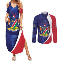 Namibia Cricket Custom Couples Matching Summer Maxi Dress and Long Sleeve Button Shirt Coat of arms Namibian Pattern - Wonder Print Shop