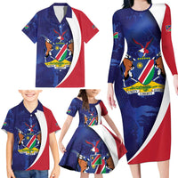 Namibia Cricket Custom Family Matching Long Sleeve Bodycon Dress and Hawaiian Shirt Coat of arms Namibian Pattern - Wonder Print Shop