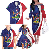Namibia Cricket Custom Family Matching Off The Shoulder Long Sleeve Dress and Hawaiian Shirt Coat of arms Namibian Pattern - Wonder Print Shop