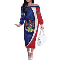 Namibia Cricket Custom Family Matching Off The Shoulder Long Sleeve Dress and Hawaiian Shirt Coat of arms Namibian Pattern - Wonder Print Shop