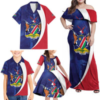 Namibia Cricket Custom Family Matching Off Shoulder Maxi Dress and Hawaiian Shirt Coat of arms Namibian Pattern - Wonder Print Shop
