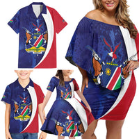 Namibia Cricket Custom Family Matching Off Shoulder Short Dress and Hawaiian Shirt Coat of arms Namibian Pattern - Wonder Print Shop