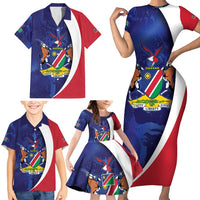 Namibia Cricket Custom Family Matching Short Sleeve Bodycon Dress and Hawaiian Shirt Coat of arms Namibian Pattern - Wonder Print Shop