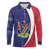Namibia Cricket Custom Long Sleeve Polo Shirt Coat of arms Namibian Pattern - Wonder Print Shop