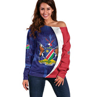 Namibia Cricket Custom Off Shoulder Sweater Coat of arms Namibian Pattern - Wonder Print Shop