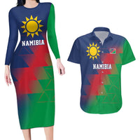 Namibia Cricket Custom Couples Matching Long Sleeve Bodycon Dress and Hawaiian Shirt Namibian Gold Sun Flag Motif - Wonder Print Shop