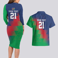 Namibia Cricket Custom Couples Matching Long Sleeve Bodycon Dress and Hawaiian Shirt Namibian Gold Sun Flag Motif - Wonder Print Shop