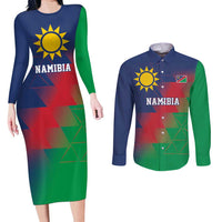 Namibia Cricket Custom Couples Matching Long Sleeve Bodycon Dress and Long Sleeve Button Shirt Namibian Gold Sun Flag Motif - Wonder Print Shop