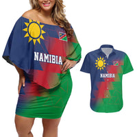 Namibia Cricket Custom Couples Matching Off Shoulder Short Dress and Hawaiian Shirt Namibian Gold Sun Flag Motif - Wonder Print Shop