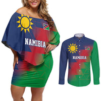 Namibia Cricket Custom Couples Matching Off Shoulder Short Dress and Long Sleeve Button Shirt Namibian Gold Sun Flag Motif - Wonder Print Shop