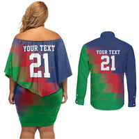 Namibia Cricket Custom Couples Matching Off Shoulder Short Dress and Long Sleeve Button Shirt Namibian Gold Sun Flag Motif - Wonder Print Shop