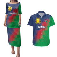 Namibia Cricket Custom Couples Matching Puletasi and Hawaiian Shirt Namibian Gold Sun Flag Motif - Wonder Print Shop