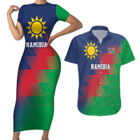 Namibia Cricket Custom Couples Matching Short Sleeve Bodycon Dress and Hawaiian Shirt Namibian Gold Sun Flag Motif - Wonder Print Shop