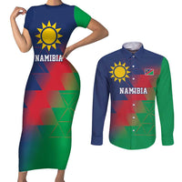 Namibia Cricket Custom Couples Matching Short Sleeve Bodycon Dress and Long Sleeve Button Shirt Namibian Gold Sun Flag Motif - Wonder Print Shop