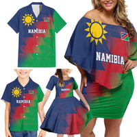 Namibia Cricket Custom Family Matching Off Shoulder Short Dress and Hawaiian Shirt Namibian Gold Sun Flag Motif - Wonder Print Shop