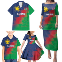 Namibia Cricket Custom Family Matching Puletasi and Hawaiian Shirt Namibian Gold Sun Flag Motif - Wonder Print Shop