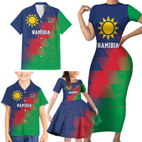 Namibia Cricket Custom Family Matching Short Sleeve Bodycon Dress and Hawaiian Shirt Namibian Gold Sun Flag Motif - Wonder Print Shop
