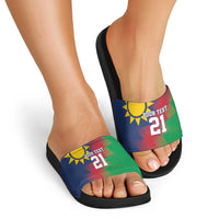 Namibia Cricket Custom Slide Sandals Namibian Gold Sun Flag Motif - Wonder Print Shop