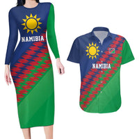 Namibia Cricket Custom Couples Matching Long Sleeve Bodycon Dress and Hawaiian Shirt Namibian Sporty Pattern Flag Motif - Wonder Print Shop
