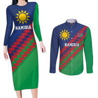Namibia Cricket Custom Couples Matching Long Sleeve Bodycon Dress and Long Sleeve Button Shirt Namibian Sporty Pattern Flag Motif - Wonder Print Shop