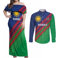 Namibia Cricket Custom Couples Matching Off Shoulder Maxi Dress and Long Sleeve Button Shirt Namibian Sporty Pattern Flag Motif - Wonder Print Shop