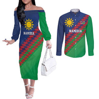 Namibia Cricket Custom Couples Matching Off The Shoulder Long Sleeve Dress and Long Sleeve Button Shirt Namibian Sporty Pattern Flag Motif - Wonder Print Shop