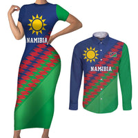 Namibia Cricket Custom Couples Matching Short Sleeve Bodycon Dress and Long Sleeve Button Shirt Namibian Sporty Pattern Flag Motif - Wonder Print Shop