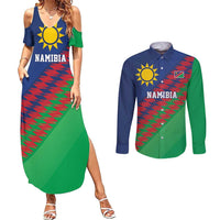 Namibia Cricket Custom Couples Matching Summer Maxi Dress and Long Sleeve Button Shirt Namibian Sporty Pattern Flag Motif - Wonder Print Shop