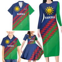 Namibia Cricket Custom Family Matching Long Sleeve Bodycon Dress and Hawaiian Shirt Namibian Sporty Pattern Flag Motif - Wonder Print Shop