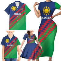 Namibia Cricket Custom Family Matching Short Sleeve Bodycon Dress and Hawaiian Shirt Namibian Sporty Pattern Flag Motif - Wonder Print Shop