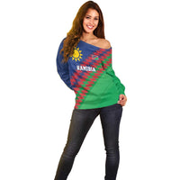 Namibia Cricket Custom Off Shoulder Sweater Namibian Sporty Pattern Flag Motif - Wonder Print Shop