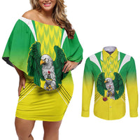 Nigeria Cricket Custom Couples Matching Off Shoulder Short Dress and Long Sleeve Button Shirt Najeriya Yellow Greens Eagle - Wonder Print Shop