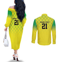 Nigeria Cricket Custom Couples Matching Off The Shoulder Long Sleeve Dress and Long Sleeve Button Shirt Najeriya Yellow Greens Eagle - Wonder Print Shop