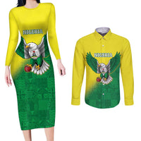 Nigeria Cricket Custom Couples Matching Long Sleeve Bodycon Dress and Long Sleeve Button Shirt Najeriya Angry Eagle Flag Motif - Wonder Print Shop