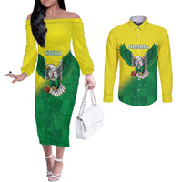 Nigeria Cricket Custom Couples Matching Off The Shoulder Long Sleeve Dress and Long Sleeve Button Shirt Najeriya Angry Eagle Flag Motif - Wonder Print Shop