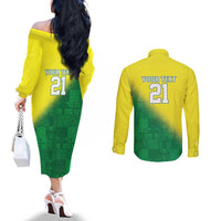 Nigeria Cricket Custom Couples Matching Off The Shoulder Long Sleeve Dress and Long Sleeve Button Shirt Najeriya Angry Eagle Flag Motif - Wonder Print Shop