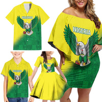 Nigeria Cricket Custom Family Matching Off Shoulder Short Dress and Hawaiian Shirt Najeriya Angry Eagle Flag Motif - Wonder Print Shop
