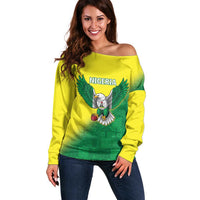 Nigeria Cricket Custom Off Shoulder Sweater Najeriya Angry Eagle Flag Motif - Wonder Print Shop