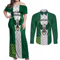 Nigeria Football Custom Couples Matching Off Shoulder Maxi Dress and Long Sleeve Button Shirt Retro Nigeria 20-21 Eagle Flag Motif - Wonder Print Shop