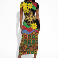 Eritrea Meskel Short Sleeve Bodycon Dress Eritrean Tribal Meskel Daisy Flag Inspired