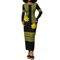 Ethiopian Enkutatash Long Sleeve Bodycon Dress Black Adey Flower Tilet Habesha Inspired