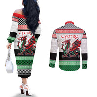 Cymru Celtic Wales Knot Couples Matching Off The Shoulder Long Sleeve Dress and Long Sleeve Button Shirt Celtic Nation Heritage Pride - Wonder Print Shop