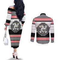 Isle of Man Celtic Knot Couples Matching Off The Shoulder Long Sleeve Dress and Long Sleeve Button Shirt Celtic Nation Heritage Pride - Wonder Print Shop