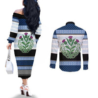 Scotland Celtic Knot Couples Matching Off The Shoulder Long Sleeve Dress and Long Sleeve Button Shirt Celtic Nation Heritage Pride - Wonder Print Shop