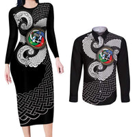 Six Celtic Countries Heritage Couples Matching Long Sleeve Bodycon Dress and Long Sleeve Button Shirt Black Celtic Knot Triskelion - Wonder Print Shop