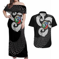 Six Celtic Countries Heritage Couples Matching Off Shoulder Maxi Dress and Hawaiian Shirt Black Celtic Knot Triskelion - Wonder Print Shop