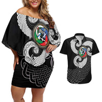 Six Celtic Countries Heritage Couples Matching Off Shoulder Short Dress and Hawaiian Shirt Black Celtic Knot Triskelion - Wonder Print Shop