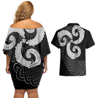 Six Celtic Countries Heritage Couples Matching Off Shoulder Short Dress and Hawaiian Shirt Black Celtic Knot Triskelion - Wonder Print Shop