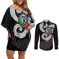 Six Celtic Countries Heritage Couples Matching Off Shoulder Short Dress and Long Sleeve Button Shirt Black Celtic Knot Triskelion - Wonder Print Shop